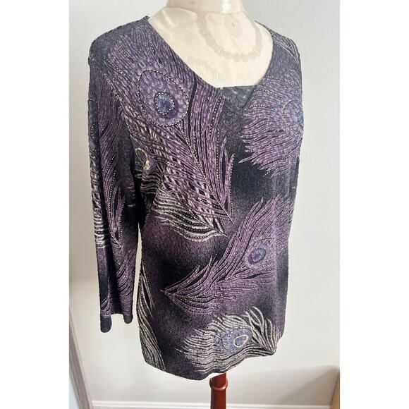 JM Collection Women's Peacock Feather 3/4 Sleeve Blouse Medium - Picture 2 of 7